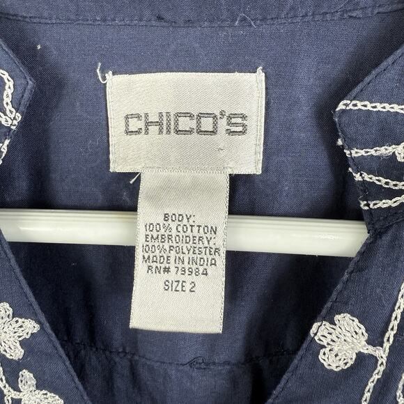 Chico’s Navy White Embroidered Button Up Tunic Top Size L (12) 100% Cotton Boho - Picture 11 of 14